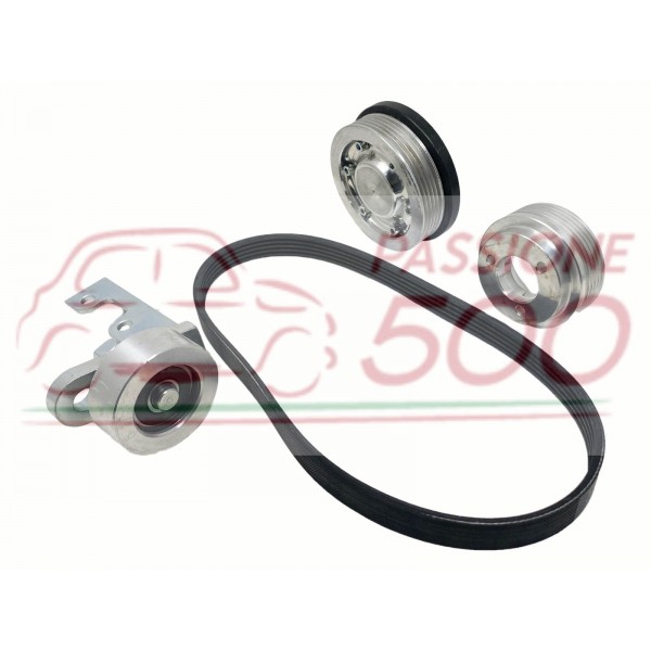 KIT PULEGGE IN ALLUMINIO CON CINGHIA POLY-V E TENDICINGHIA PER COMANDO ALTERNATORE FIAT 500 / 126