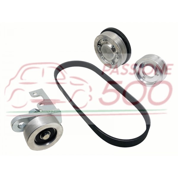 KIT PULEGGE IN ALLUMINIO CON CINGHIA POLY-V E TENDICINGHIA PER COMANDO DINAMO FIAT 500 / 126