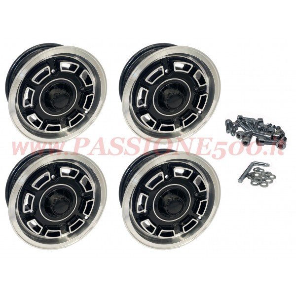 KIT 4 CERCHI IN LEGA SPORTIVI NERI TIPO LAMBO BLACK DIAMOND FIAT 500 - 4,5 x 12 ''