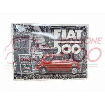 INSEGNA IN METALLO Dim. 40x30 cm. FIAT 500 ROSSA - IN RILIEVO