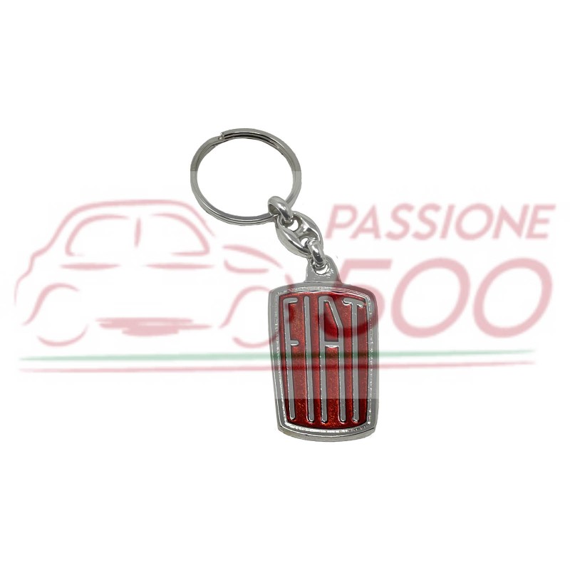 CHROMED METAL KEY CHAIN FIAT 500 - RED BACKGROUND